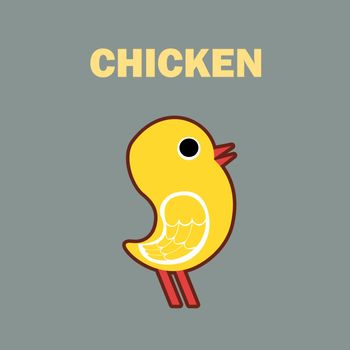 The isolated Domestic bird chicken on simple color background. Educational flashcard for teaching preschool in kindergarten. Colorful flat cartoon style illustration.