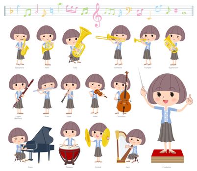 A set of women on classical music performances.
There are actions to play various instruments such as string instruments and wind instruments.
It's vector art so it's easy to edit.