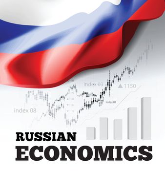 Russian economics vector illustration with Russia flag and business chart, bar chart stock numbers bull market, uptrend line graph symbolizes the welfare growth