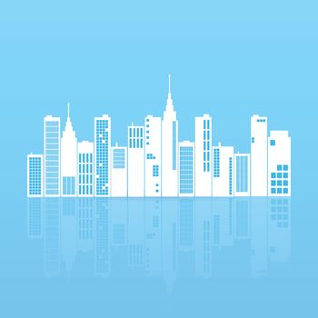 Illustration of a city skyline illustration on a colorful blue background.