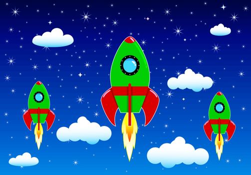 Space rockets on a background of blue sky , stars and clouds.