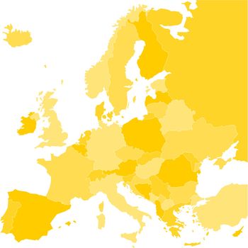 Blank map of Europe. Vector illustration in yellow shades on white background.