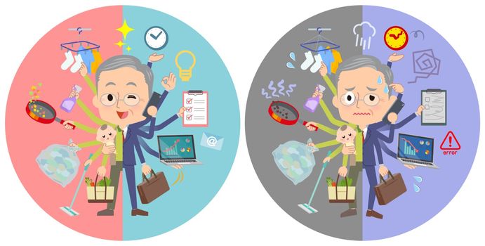 A set of old men who perform multitasking in offices and private.There are things to do smoothly and a pattern that is in a panic.It's vector art so it's easy to edit.
