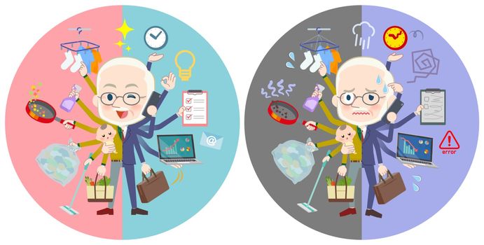 A set of old men who perform multitasking in offices and private.There are things to do smoothly and a pattern that is in a panic.It's vector art so it's easy to edit.