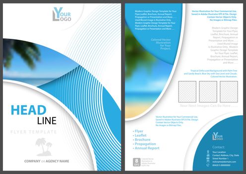 Elegant Flyer Template with Geometric Shapes and Tropical Background with Palm and Beach and Blue Sea - Modern Illustration, Vector