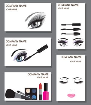 vector illustration of a set of make up artist cards. mascara, eyes with long lashes, lipstick, eye shadows