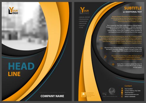 Black Flyer Template with Orange Stripes - Abstract Modern Layout with Blurred Street Image and Decorative Black Layers and Blue Lines, Vector