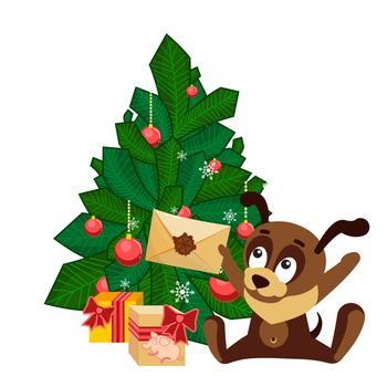 A puppy in a New Year cap sitting in front of tree with decorated balls and holding an envelope from Santa Claus. Christmas or New Year greeting card with characters for congratulations. A merry dog puppy enjoys letter from Santa Claus. Cartoon clip art with animals on chinese New Year. Isolated kids vector illustration on white background