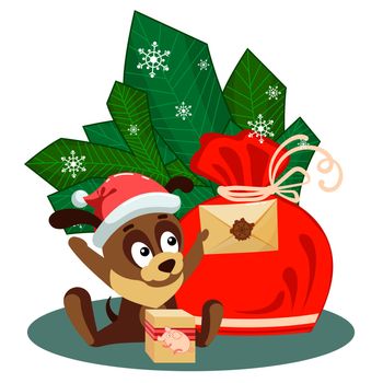 A puppy in a New Year cap sitting in front of branches with decorated balls and holding an envelope from Santa Claus. Christmas or New Year greeting card with characters for congratulations. A merry dog puppy enjoys letter from Santa Claus. Cartoon clip art with animals on chinese New Year. Isolated kids vector illustration on white background