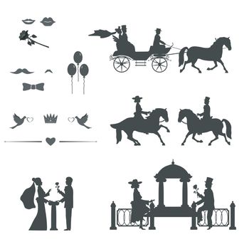 Silhouette of the bride and groom. They ride horseback riding. Sit in the carriage. Near the arbor. Stand with a flower. Mustaches, balls, lips.