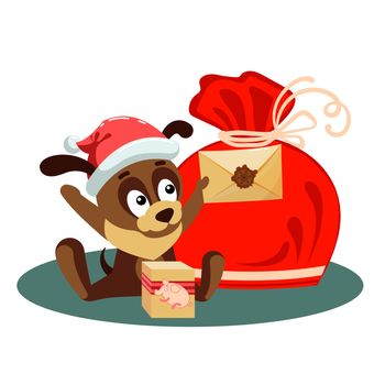A puppy in a New Year cap holding an envelope from Santa Claus and sitting in front of big bag with gifts. Christmas or New Year greeting card with characters for congratulations. A merry dog puppy enjoys letter from Santa Claus. Cartoon clip art with animals on chinese New Year. Isolated kids vector illustration on white background
