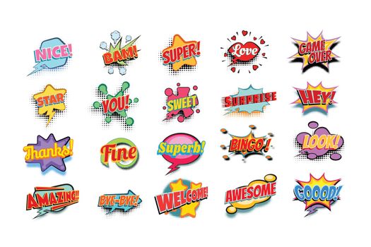 comic book words set. nice bam super love game over star you sweet surprise hey thanks fine superb bingo look amazing bye welcome awesome good. Pop art retro vector illustration