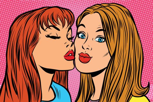 woman kissing girlfriend on the cheek. Pop art retro vector illustration kitsch vintage drawing