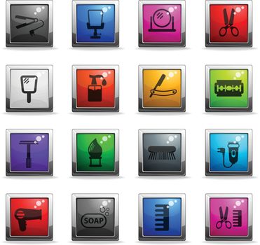 barbershop vector icons in square colored buttons