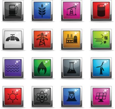 power generation vector icons in square colored buttons