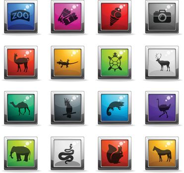 zoo web icons in square colored buttons for user interface design