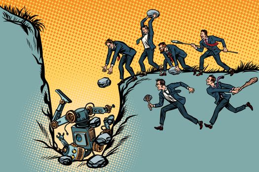 Savages businessmen kill the robot. Fight for jobs. People against technological progress. Pop art retro vector illustration kitsch vintage