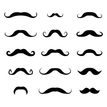 Set of different mustaches, black silhouettes on white background, vector illustration.