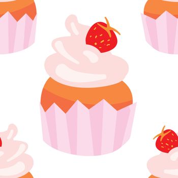 Sweet seamless pattern with cupcakes on a white background. Confectionary backdrop for your design. Vector illustration