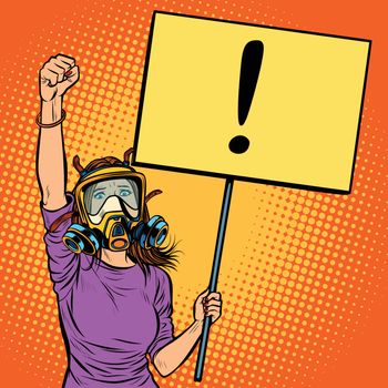 woman in gas mask protesting against polluted air. Environmental ecology. Pop art retro vector illustration vintage kitsch drawing