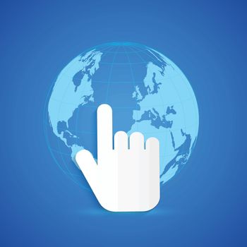 Illustration of a glowing world globe and hand on a colorful blue background.