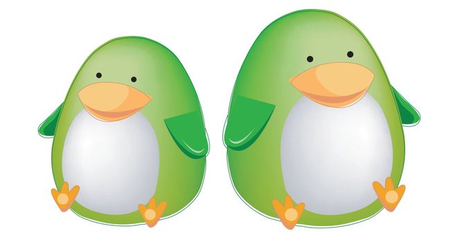 Two cute green penguins isolated on white background. Vector illustration for gift card, flyer, certificate or banner, icon, logo, patch, sticker