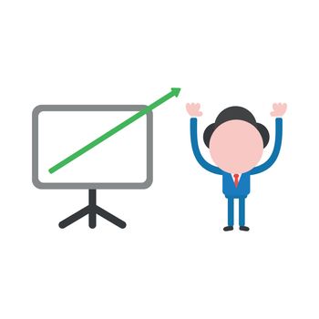 Vector cartoon illustration concept of faceless businessman mascot character with chart and arrow moving up and out of presentation chart board symbol icon.