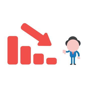 Vector cartoon illustration concept of faceless businessman mascot character gesturing thumbs down with red sales bar chart symbol icon moving down.