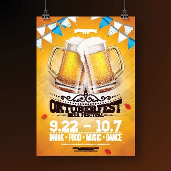 Oktoberfest party poster illustration with fresh lager beer and blue and white party flag on shiny yellow background. Vector celebration flyer template for traditional German beer festival