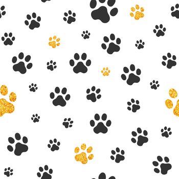 Black and gold glitter pawprints in a white seamless tiling background.