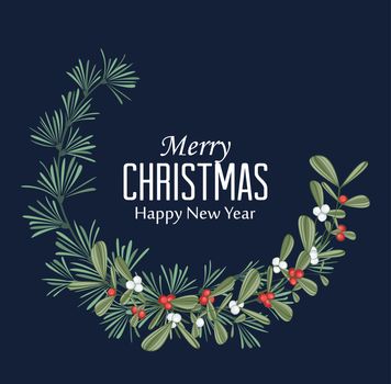 Vector illustration of Christmas wreath with branches and mistletoe. Happy Christmas greeting card