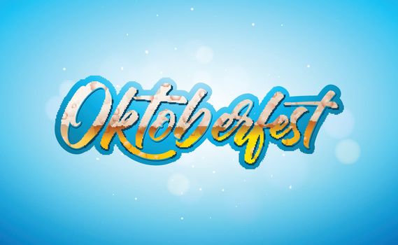 Oktoberfest Banner Illustration with Fresh Lager Beer in Typography Lettering on Shiny Blue Background. Vector Traditional German Beer Festival Design Template for Greeting Card, Celebration Flyer or Promotional Poster