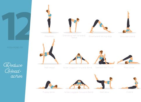Vector illustration of 12 Yoga poses to reduce headaches