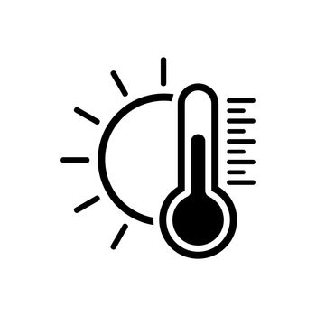 Temperature icon in flat style. Good weather symbol isolated on white background Sun and termometer icon in black Weather, hot and warm climate concept Vector illustration for graphic design, Web, app