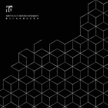 Silver hexagons border pattern on black background. Geometric shapes platinum color elements template for brochure, flyer, card, cover and wedding invitation, poster, banner, print, ad