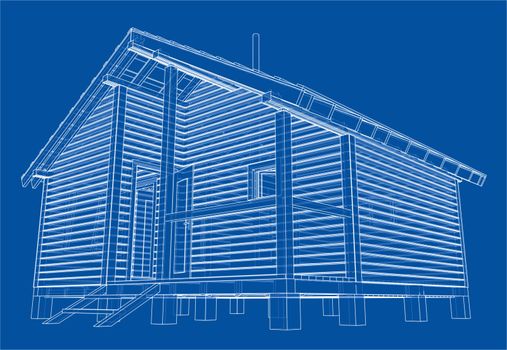 Sketch of small house. Vector rendering of 3d. Wire-frame style. The layers of visible and invisible lines are separated