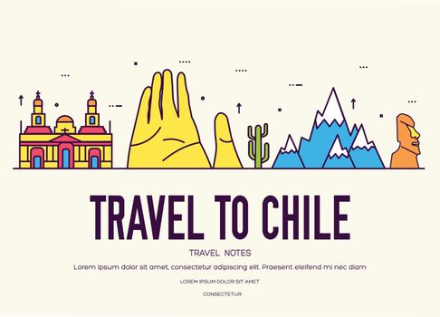 Country Chile thin line guide of goods, places and features. Set of outline architecture, fashion, people, items, nature background concept. Infographic template design for web and mobile.