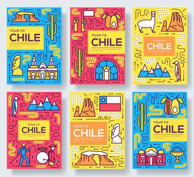 Chile vector brochure cards thin line set. Country travel template of flyear, magazines, posters, book cover, banners. Layout culture monument outline illustrations modern pages.