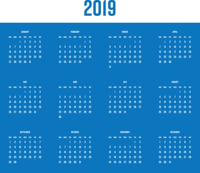 Vector calendar - Year 2019. Week starts from Sunday. Simple flat vector illustration.
