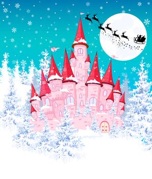 Cartoon pink castle on the background of winter snow-covered forest. Silhouette of Santa on a sleigh against the night sky and the moon.  Winter landscape with a pink castle.