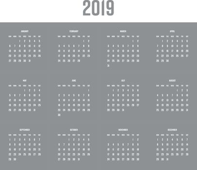 Vector calendar - Year 2019. Week starts from Sunday. Simple flat vector illustration.