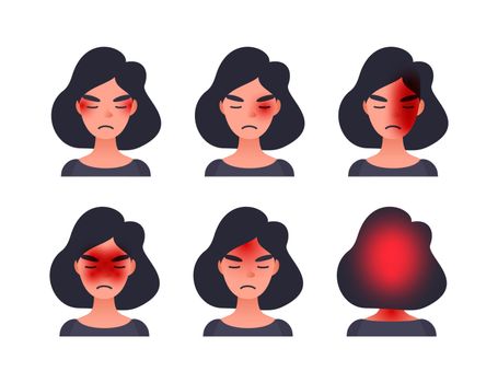 Set of headache types on different area of patient head. Woman with tession cluster and other head types of migraine