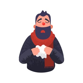 The man has a cold. Flu ill sick concept. Male character sneezes and holds a handkerchief. Vector illustration in flat style with trendy grunge shadows.