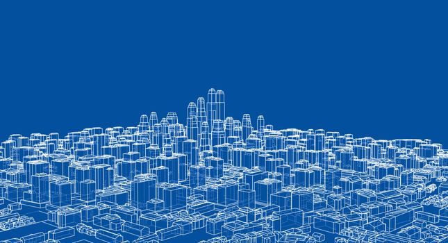 Wire-frame City, Blueprint Style. 3D Rendering Vector Illustration. Architecture Design Background