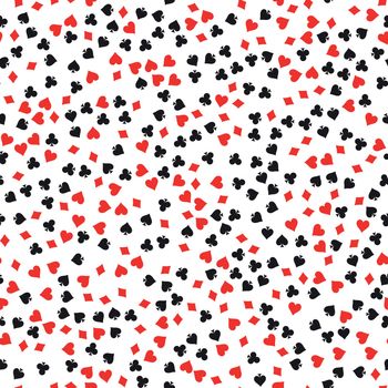 Poker card suit seamless pattern background. Black spades and clubs. Red hearts and diamonds singns. Abstract vector backround.