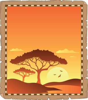 Parchment with savannah sunset scenery - eps10 vector illustration.