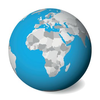 Blank political map of Africa. 3D Earth globe with blue water and grey lands. Vector illustration.