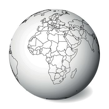 Blank political map of Africa. 3D Earth globe with black outline map. Vector illustration.