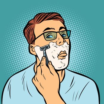 man shaving razors. Comic cartoon pop art retro vector illustration drawing