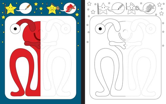 Preschool worksheet for practicing fine motor skills - tracing dashed lines - finish the illustration of red little monster